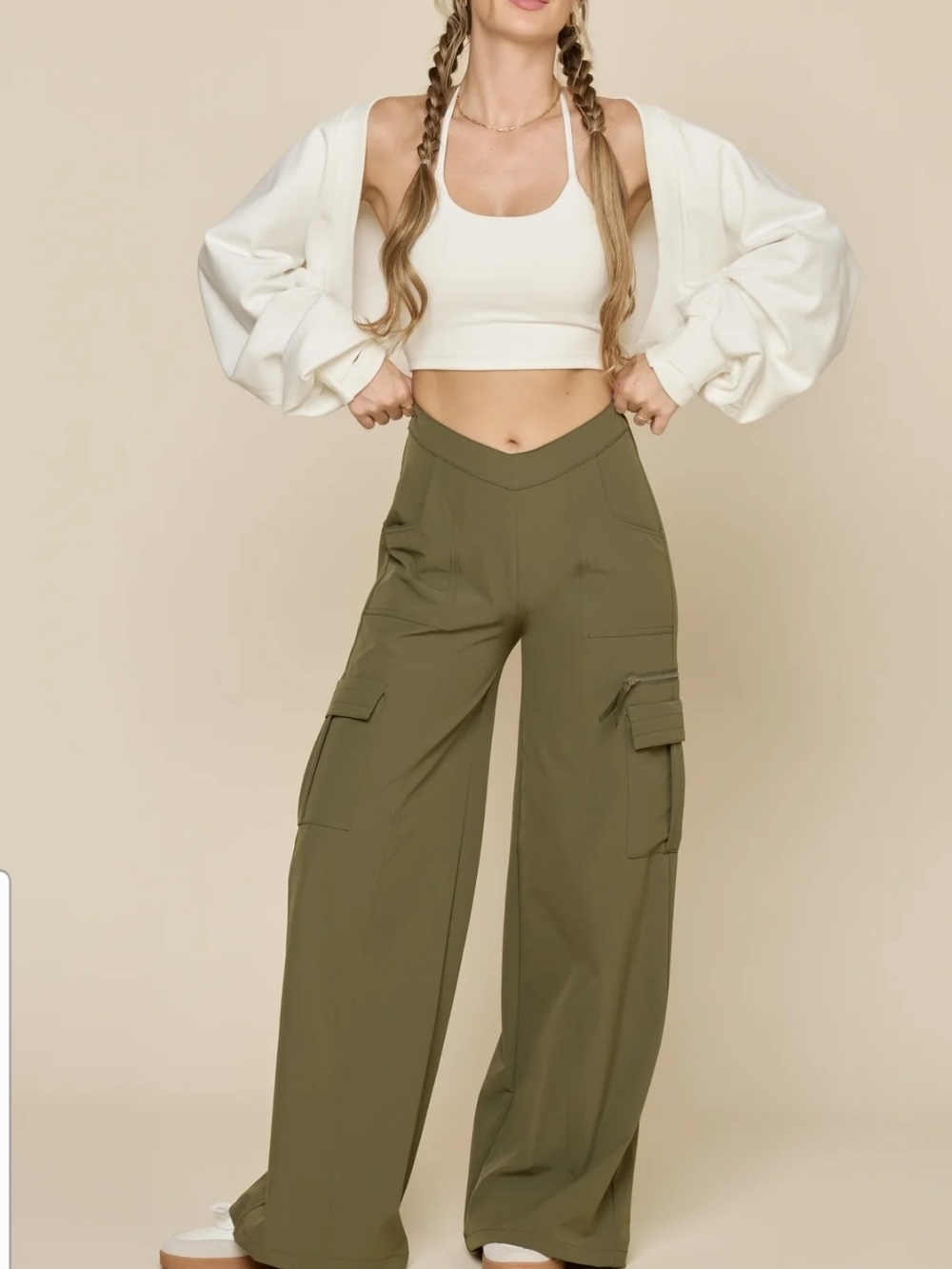 Popflex Y2K Olive Green Wide-Leg Cargo Pants Medium Petite